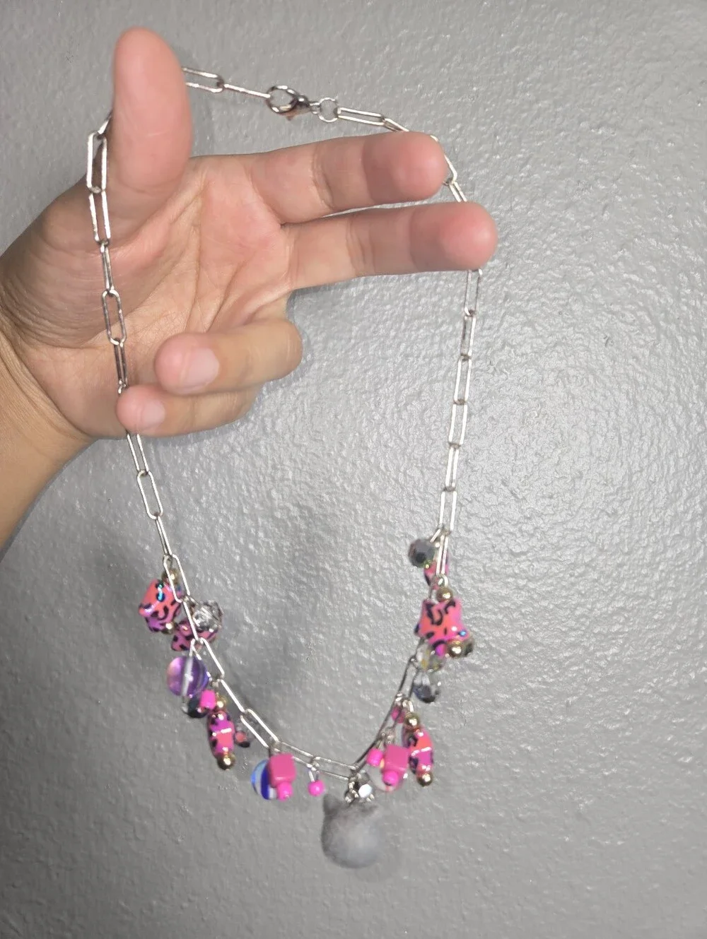 Pink Leopard Charm Necklace with Gray Cat Pendant